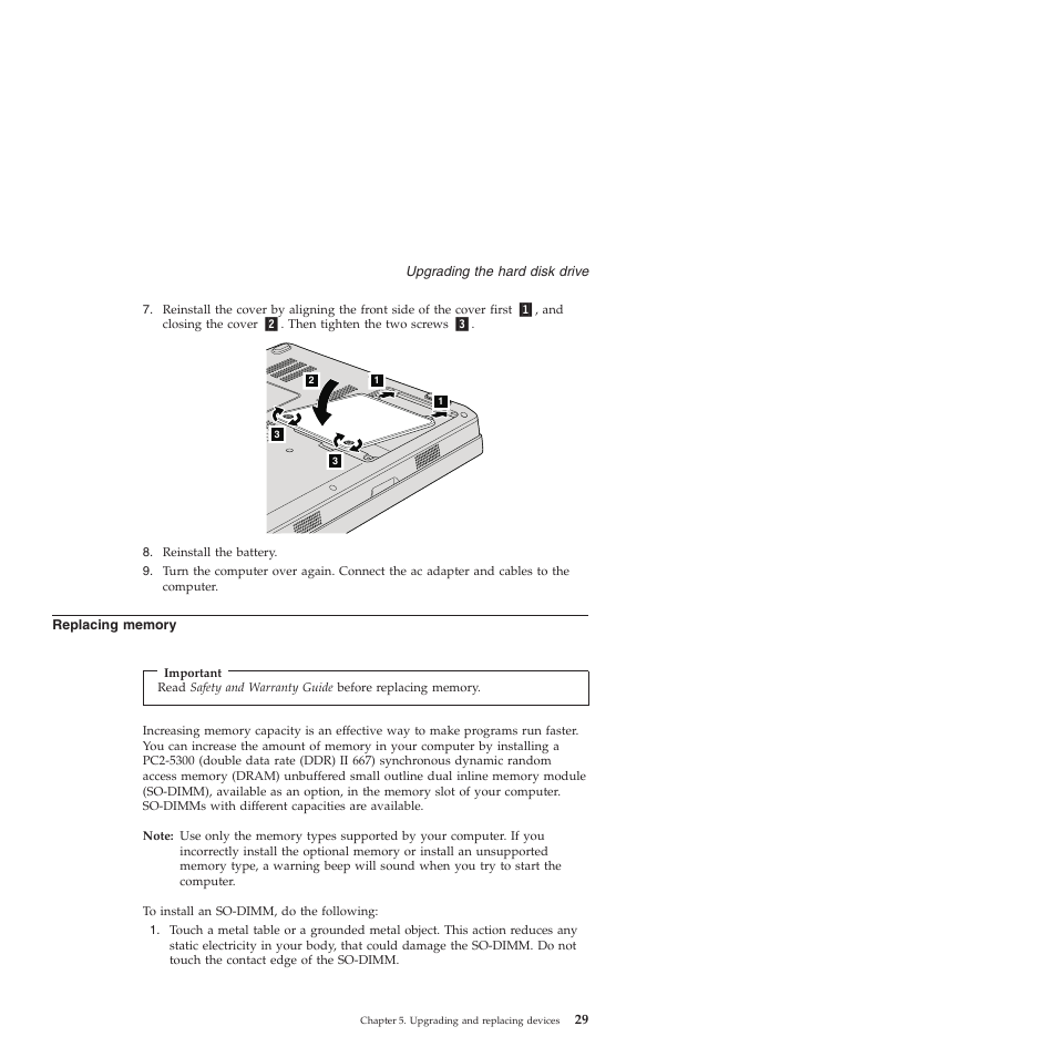 Replacing memory, Replacing, Memory | Lenovo 3000 V200 User Manual | Page 39 / 68