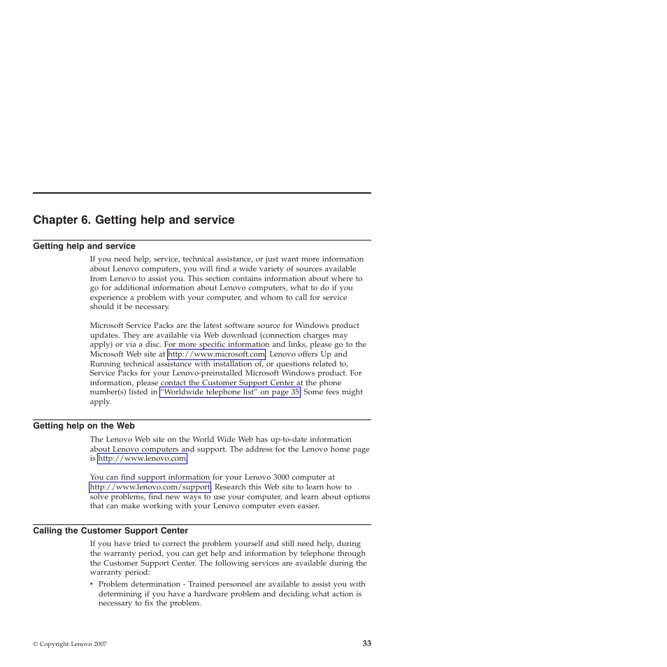 Chapter 6. getting help and service, Getting help and service, Getting help on the web | Calling the customer support center, Chapter, Getting, Help, Service, Calling, Customer | Lenovo 3000 V200 User Manual | Page 43 / 68