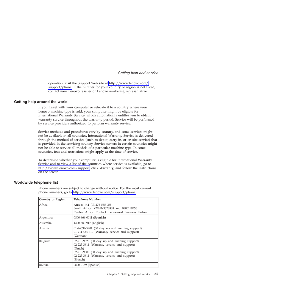 Getting help around the world, Worldwide telephone list, Getting | Help, Around, World, Worldwide, Telephone, List | Lenovo 3000 V200 User Manual | Page 45 / 68