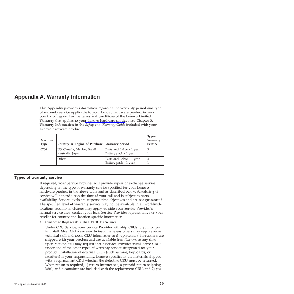 Appendix a. warranty information, Types of warranty service, Appendix | Warranty, Information, Types, Service | Lenovo 3000 V200 User Manual | Page 49 / 68