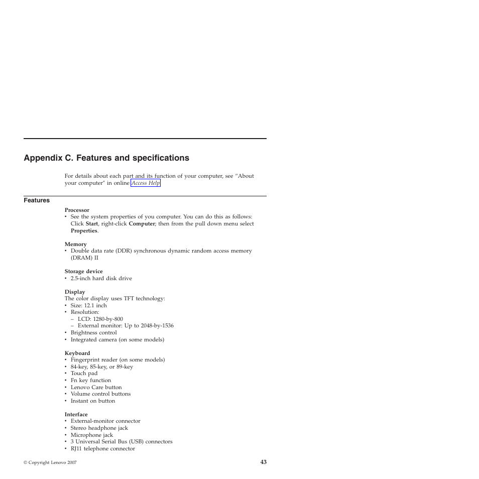 Appendix c. features and specifications, Features, Appendix | Specifications | Lenovo 3000 V200 User Manual | Page 53 / 68