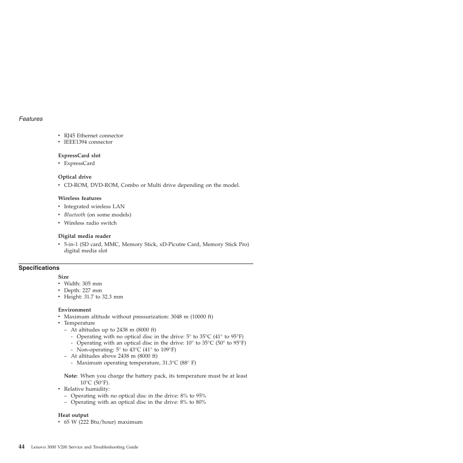 Specifications | Lenovo 3000 V200 User Manual | Page 54 / 68