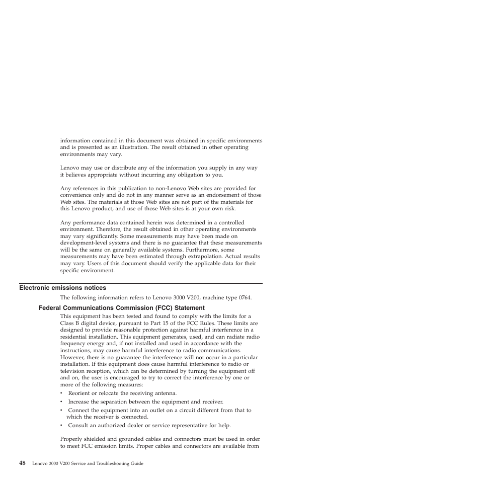 Electronic emissions notices, Federal communications commission (fcc) statement, Electronic | Emissions, Notices, Federal, Communications, Commission, Fcc), Statement | Lenovo 3000 V200 User Manual | Page 58 / 68