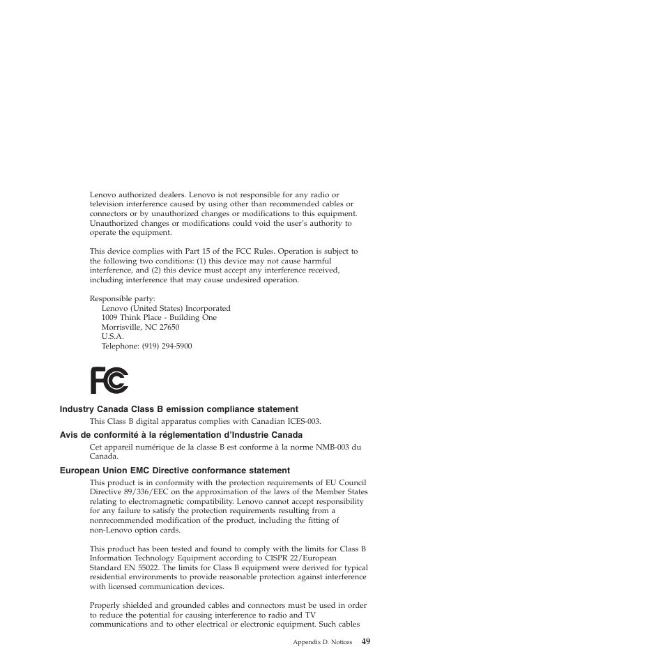 European union emc directive conformance statement, Industry, Canada | Class, Emission, Compliance, Statement, Avis, Conformité, Réglementation | Lenovo 3000 V200 User Manual | Page 59 / 68