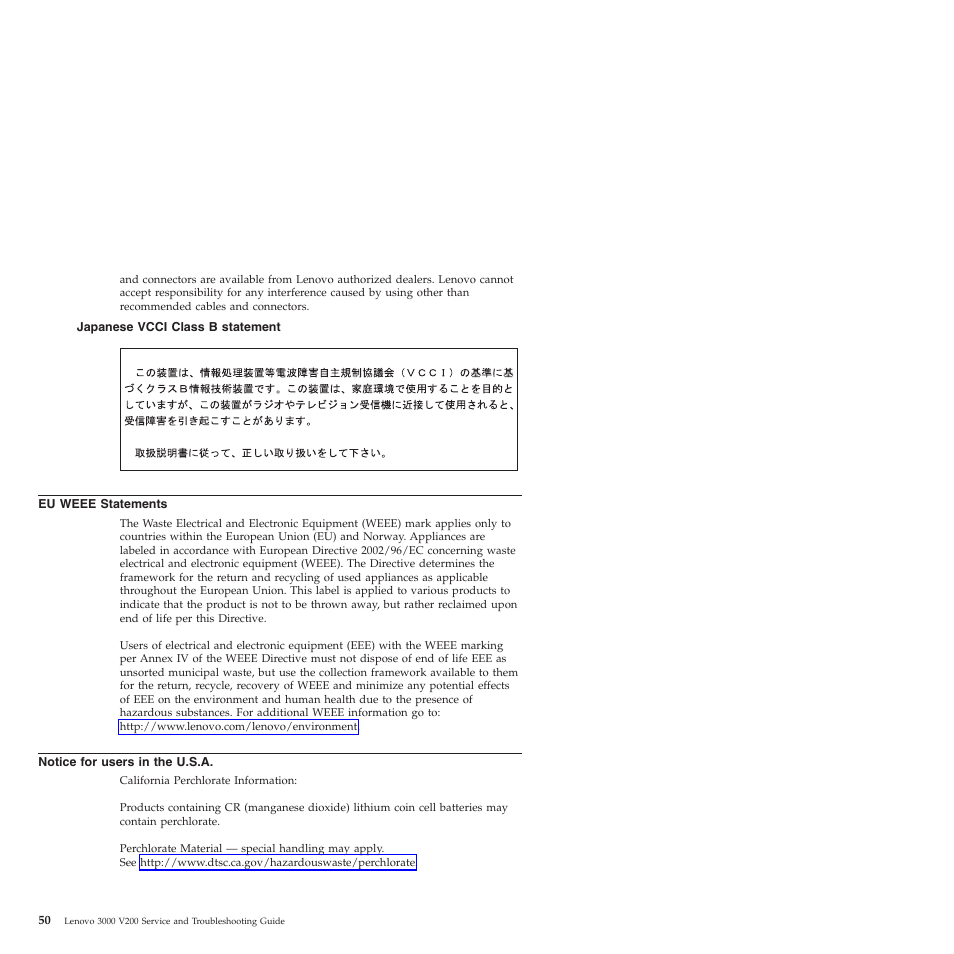 Japanese vcci class b statement, Eu weee statements, Notice for users in the u.s.a | Japanese, Vcci, Class, Statement, Weee, Statements, Notice | Lenovo 3000 V200 User Manual | Page 60 / 68