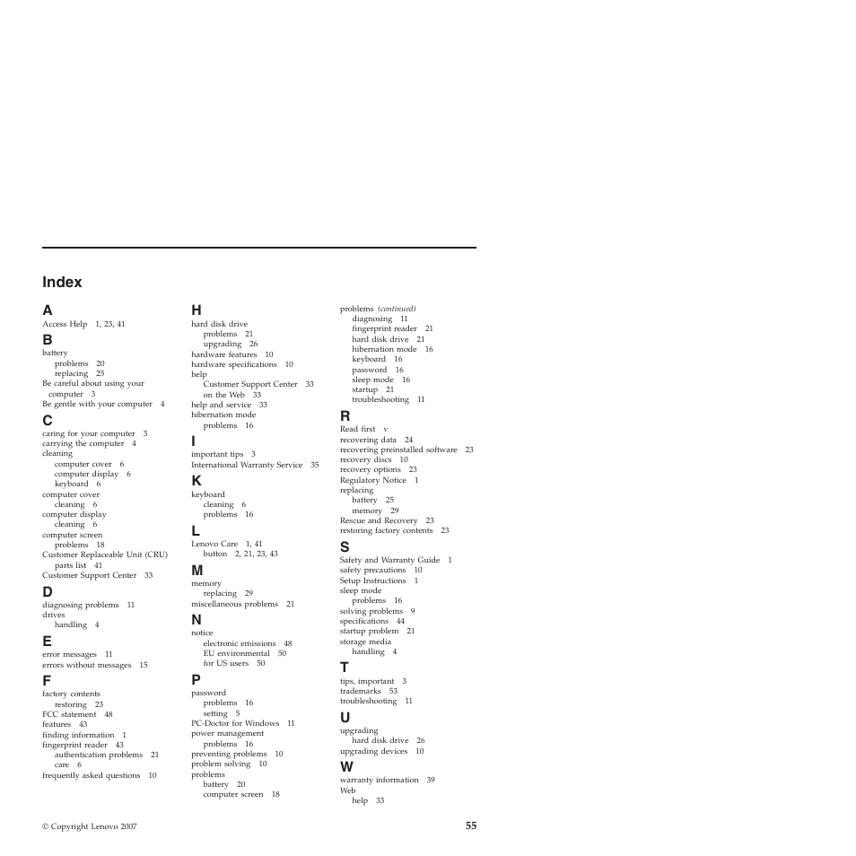 Index | Lenovo 3000 V200 User Manual | Page 65 / 68