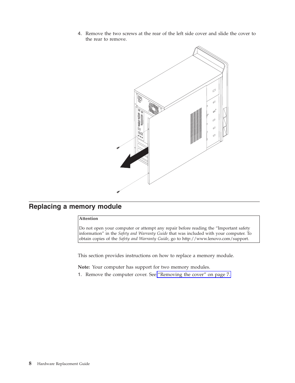 Replacing a memory module, Replacing, Memory | Module | Lenovo 41X8111 User Manual | Page 16 / 26