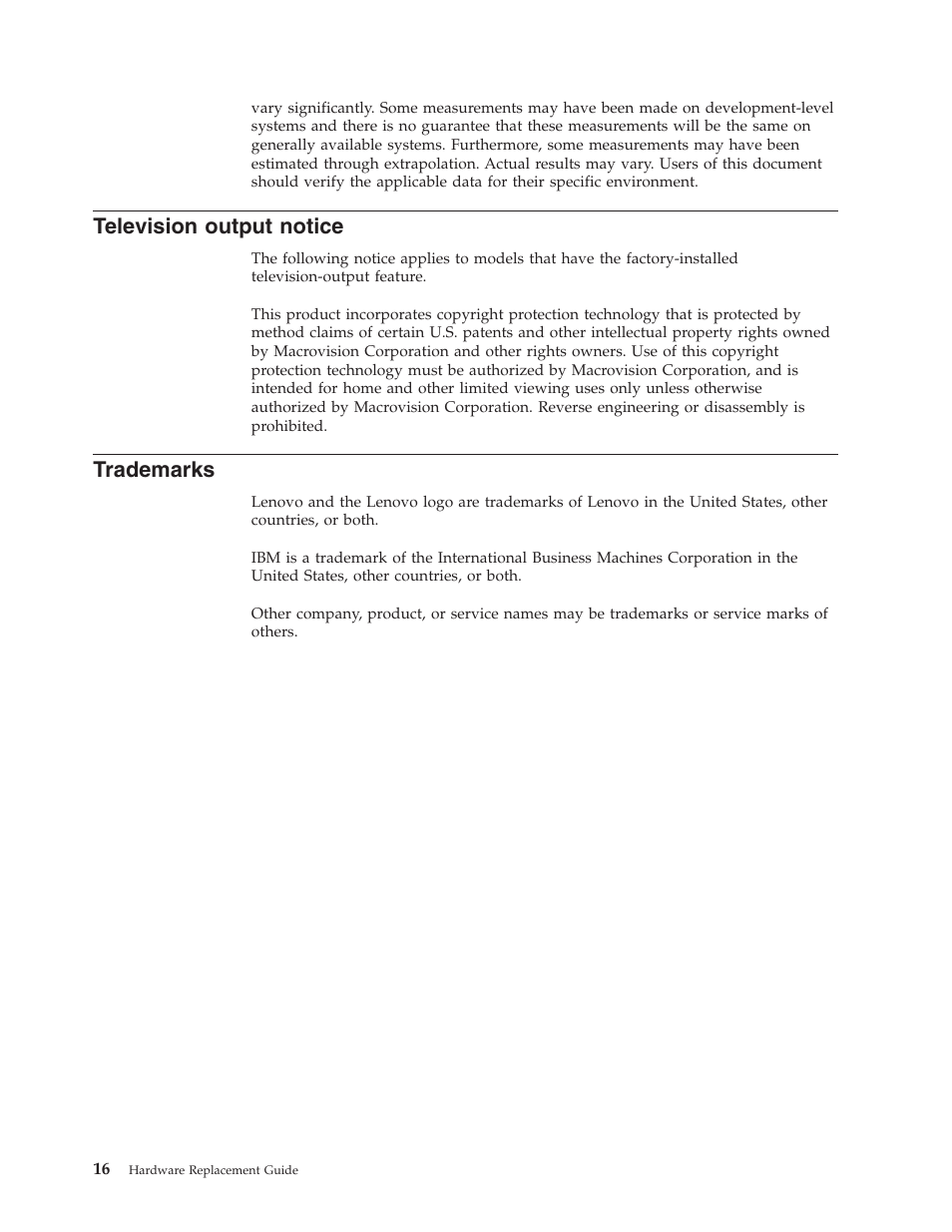 Television output notice, Trademarks, Television | Output, Notice | Lenovo 41X8111 User Manual | Page 24 / 26