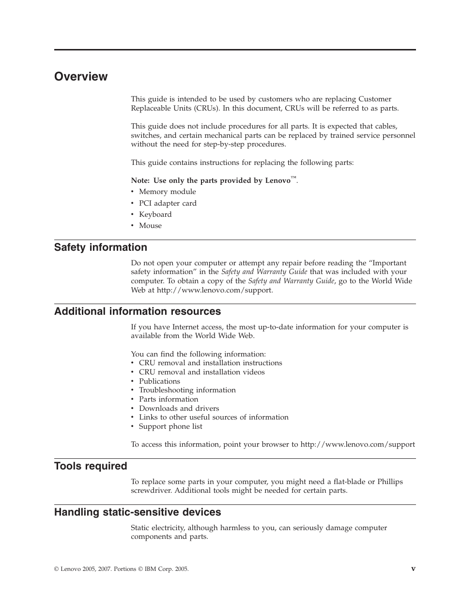 Overview, Safety information, Additional information resources | Tools required, Handling static-sensitive devices, Safety, Information, Additional, Resources, Tools | Lenovo 41X8111 User Manual | Page 7 / 26