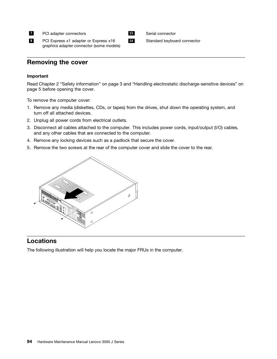 Removing the cover, Locations | Lenovo J SERIES 3000 User Manual | Page 100 / 200