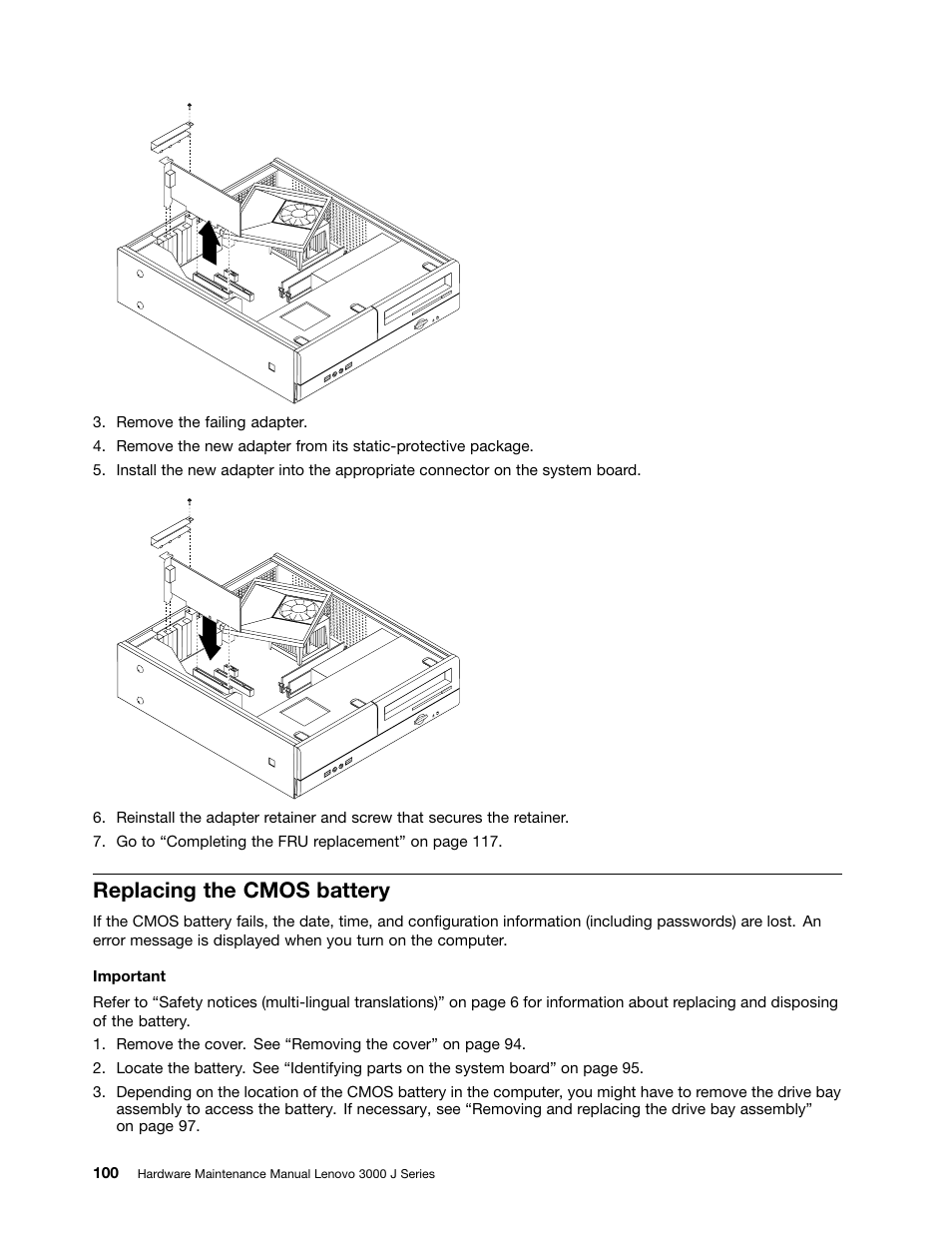 Replacing the cmos battery | Lenovo J SERIES 3000 User Manual | Page 106 / 200