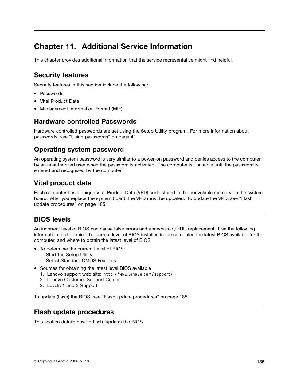 Chapter 11. additional service information, Security features, Hardware controlled passwords | Operating system password, Vital product data, Bios levels, Flash update procedures, Flash update procedures” on, Flash update | Lenovo J SERIES 3000 User Manual | Page 191 / 200