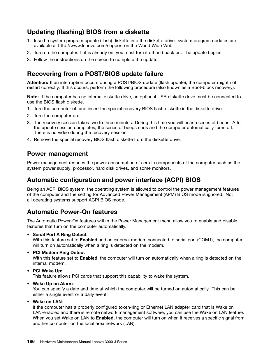 Updating (flashing) bios from a diskette, Recovering from a post/bios update failure, Power management | Automatic power-on features | Lenovo J SERIES 3000 User Manual | Page 192 / 200