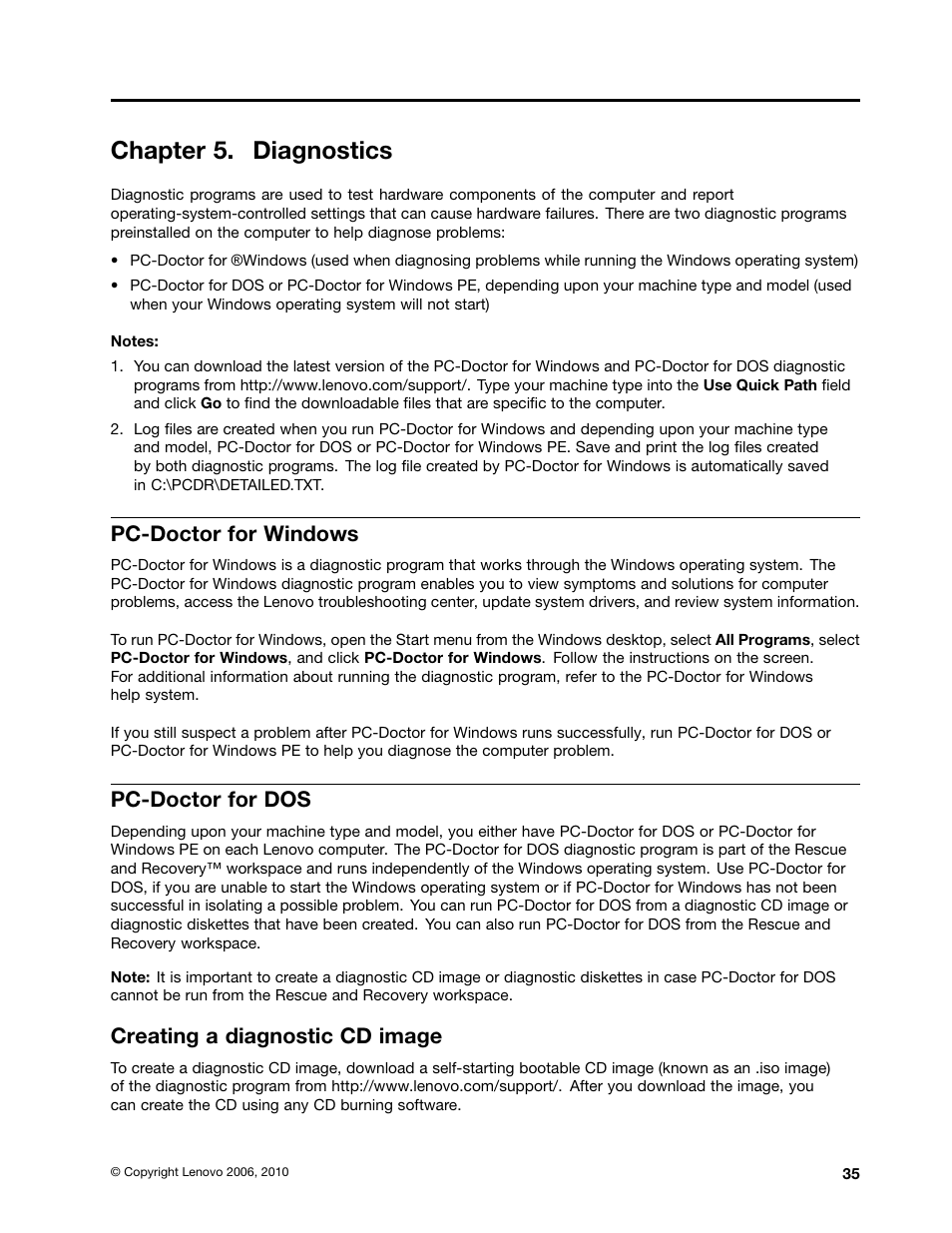 Chapter 5. diagnostics, Pc-doctor for windows, Pc-doctor for dos | Creating a diagnostic cd image | Lenovo J SERIES 3000 User Manual | Page 41 / 200
