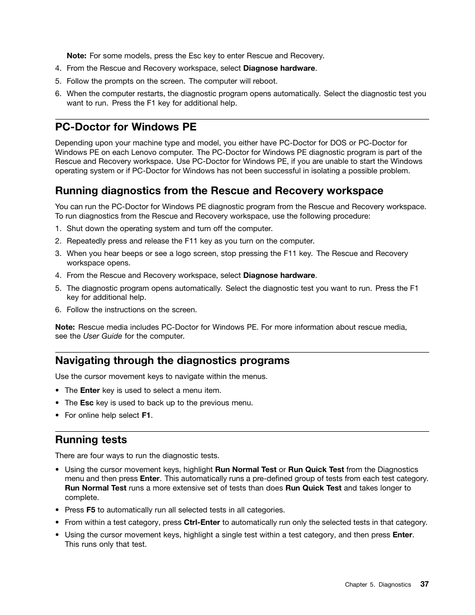 Pc-doctor for windows pe, Navigating through the diagnostics programs, Running tests | Lenovo J SERIES 3000 User Manual | Page 43 / 200