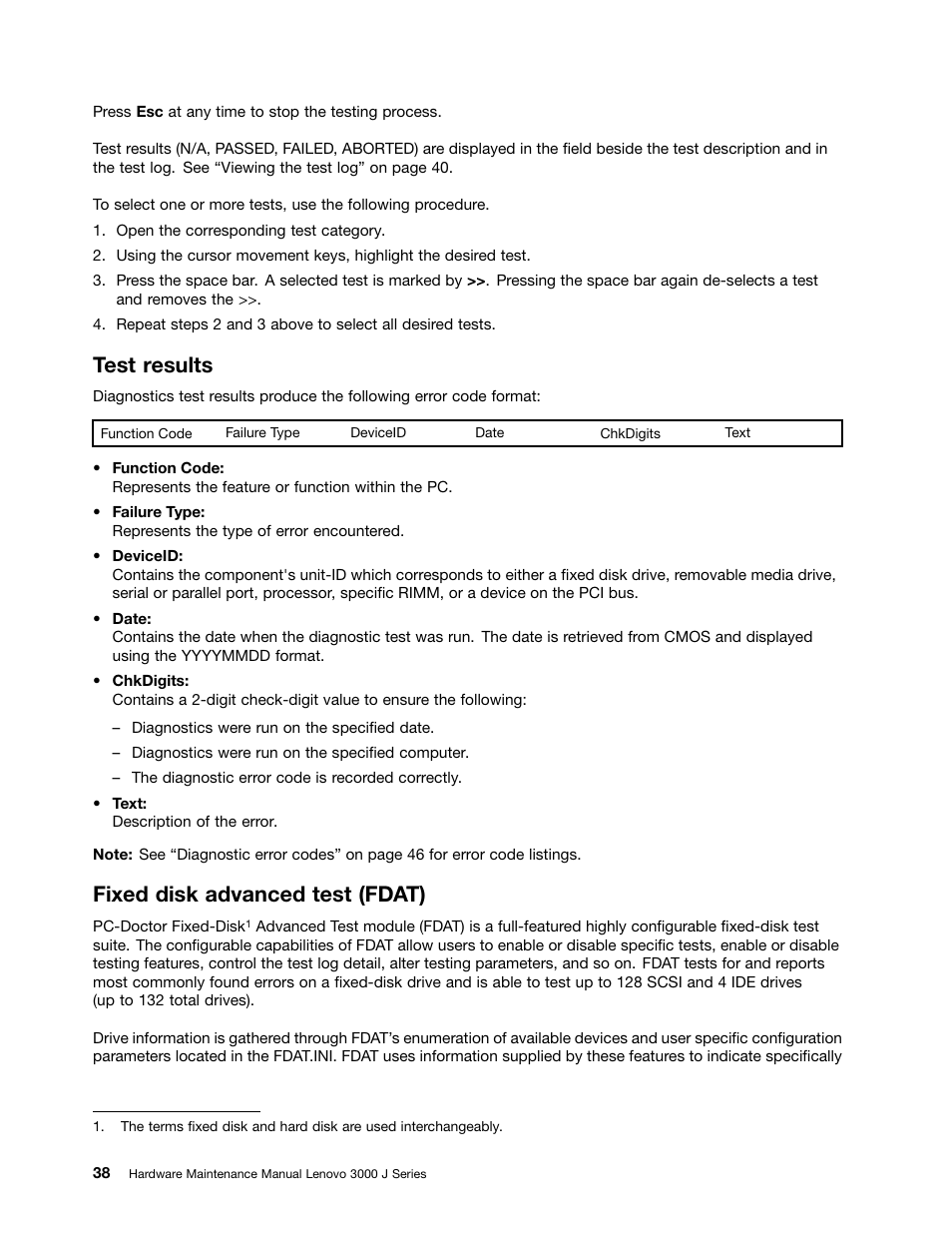 Test results, Fixed disk advanced test (fdat) | Lenovo J SERIES 3000 User Manual | Page 44 / 200