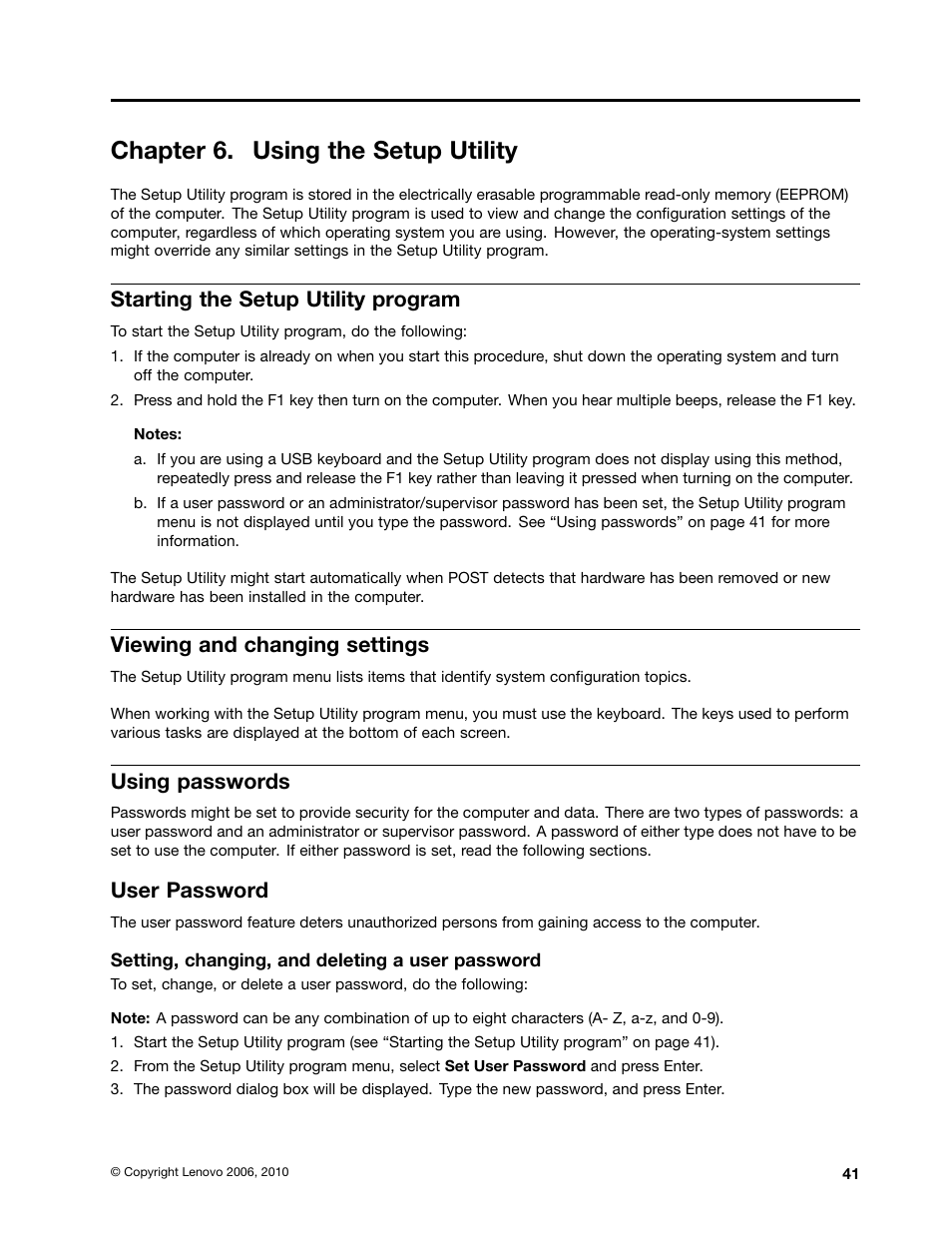 Chapter 6. using the setup utility, Starting the setup utility program, Viewing and changing settings | Using passwords, User password | Lenovo J SERIES 3000 User Manual | Page 47 / 200