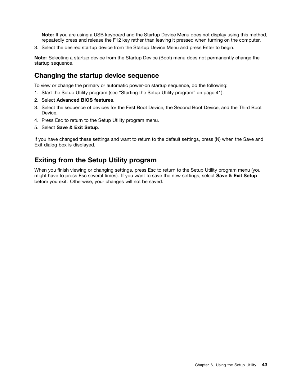 Changing the startup device sequence, Exiting from the setup utility program | Lenovo J SERIES 3000 User Manual | Page 49 / 200