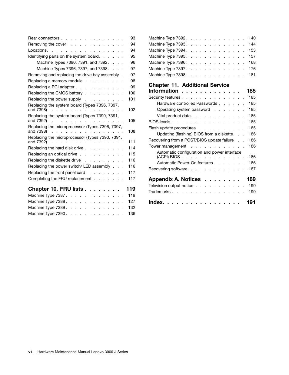 Chapter 10. fru lists, Chapter 11. additional service information, Appendix a. notices | Index | Lenovo J SERIES 3000 User Manual | Page 6 / 200