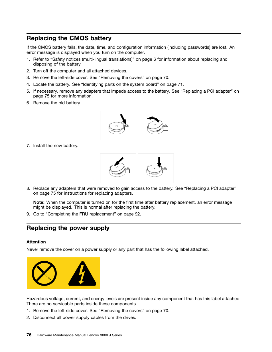 Replacing the cmos battery, Replacing the power supply | Lenovo J SERIES 3000 User Manual | Page 82 / 200