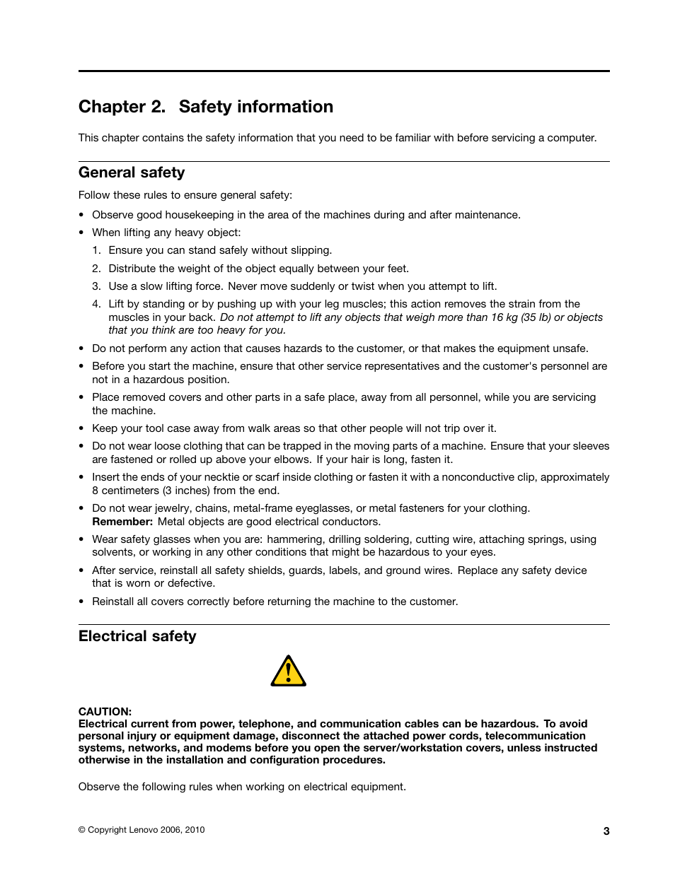 Chapter 2. safety information, General safety, Electrical safety | Lenovo J SERIES 3000 User Manual | Page 9 / 200