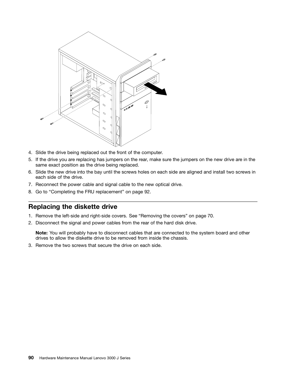 Replacing the diskette drive | Lenovo J SERIES 3000 User Manual | Page 96 / 200