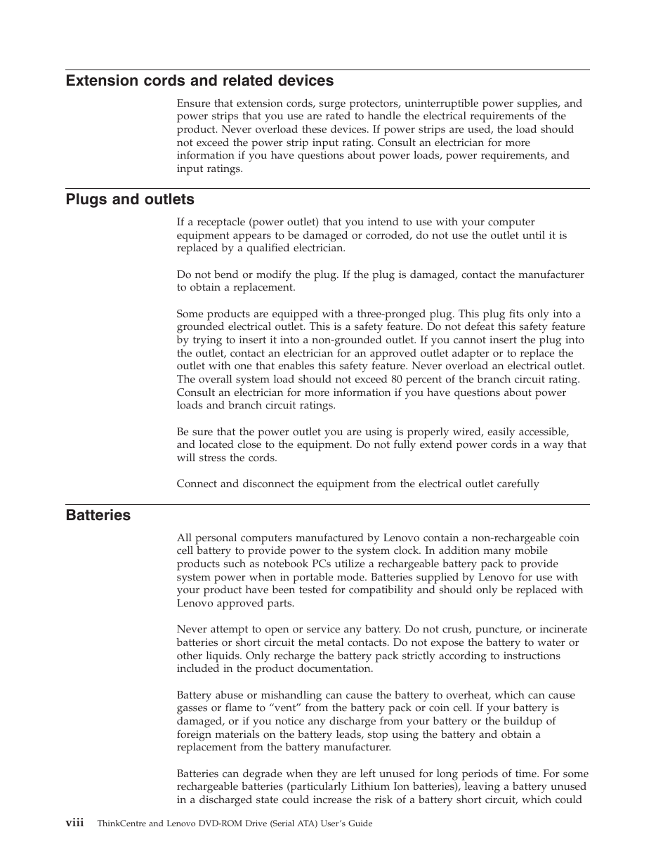 Extension cords and related devices, Plugs and outlets, Batteries | Extension, Cords, Related, Devices, Viii, Plugs, Outlets | Lenovo ThinkCentre 41N5622 User Manual | Page 10 / 70