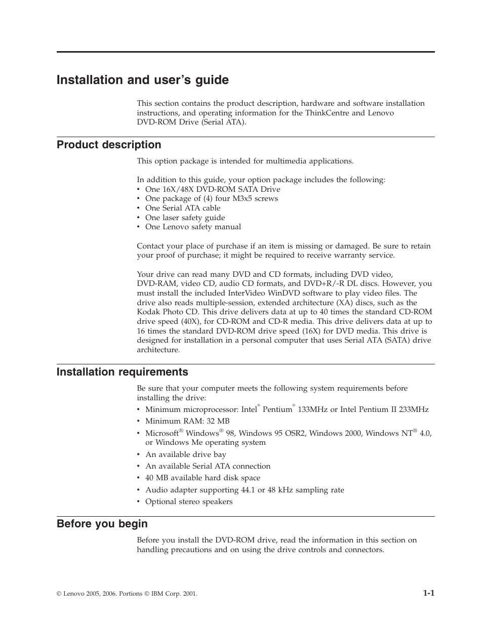 Installation and user’s guide, Product description, Installation requirements | Before you begin, Installation, User’s, Guide, Product, Description, Requirements | Lenovo ThinkCentre 41N5622 User Manual | Page 15 / 70