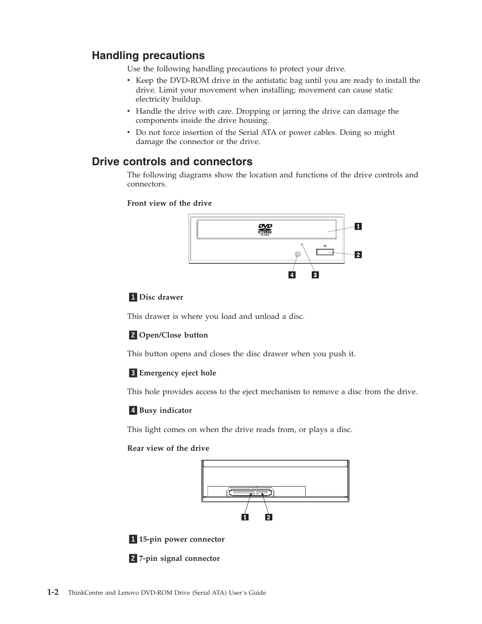 Handling precautions, Drive controls and connectors, Handling | Precautions, Drive, Controls, Connectors | Lenovo ThinkCentre 41N5622 User Manual | Page 16 / 70