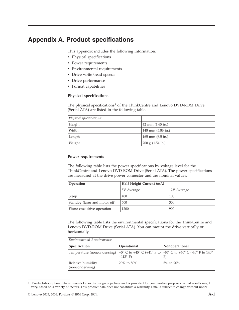 Appendix a. product specifications, Appendix, Product | Specifications | Lenovo ThinkCentre 41N5622 User Manual | Page 25 / 70