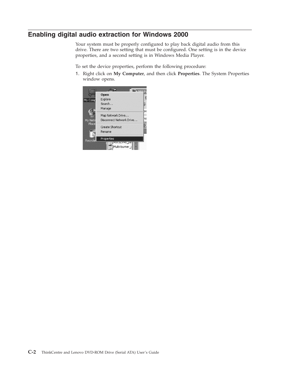 Enabling digital audio extraction for windows 2000, Enabling, Digital | Audio, Extraction, Windows | Lenovo ThinkCentre 41N5622 User Manual | Page 32 / 70