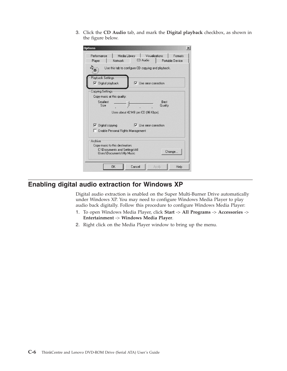Enabling digital audio extraction for windows xp, Enabling, Digital | Audio, Extraction, Windows | Lenovo ThinkCentre 41N5622 User Manual | Page 36 / 70