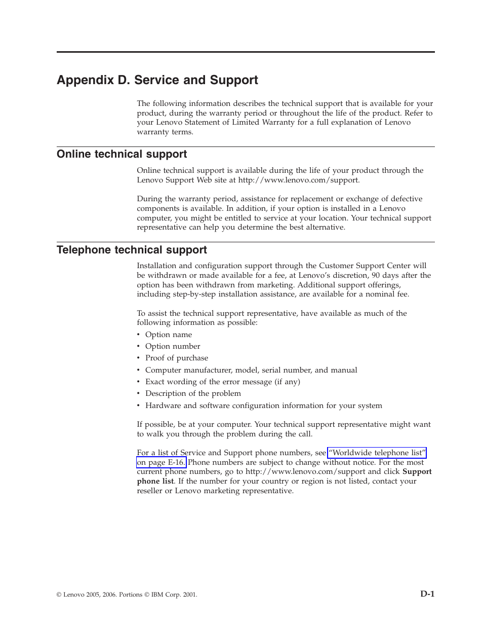 Appendix d. service and support, Online technical support, Telephone technical support | Appendix, Service, Support, Online, Technical, Telephone | Lenovo ThinkCentre 41N5622 User Manual | Page 41 / 70