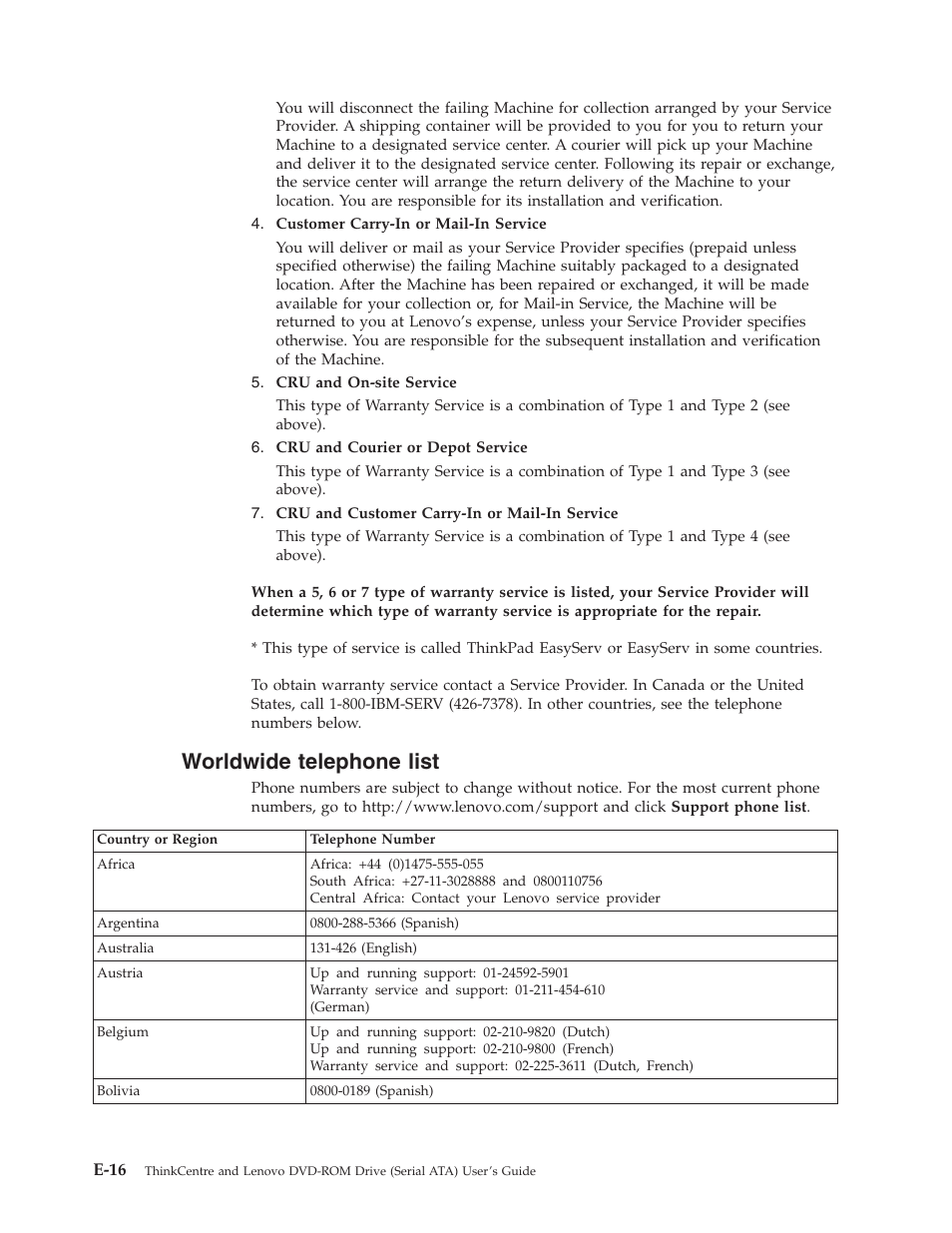 Worldwide telephone list, Worldwide, Telephone | List, E-16 | Lenovo ThinkCentre 41N5622 User Manual | Page 58 / 70