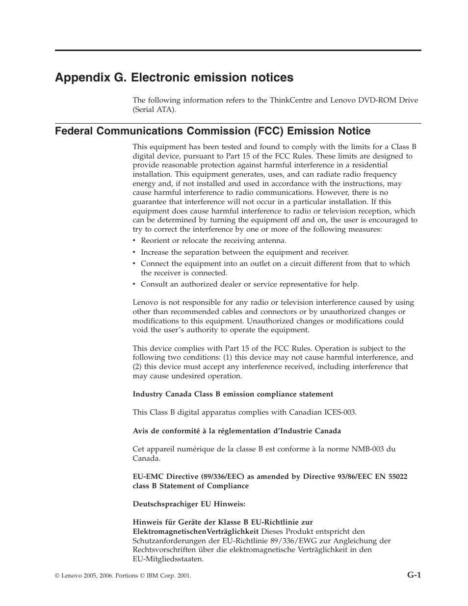 Appendix g. electronic emission notices, Appendix, Electronic | Emission, Notices, Federal, Communications, Commission, Fcc), Notice | Lenovo ThinkCentre 41N5622 User Manual | Page 65 / 70