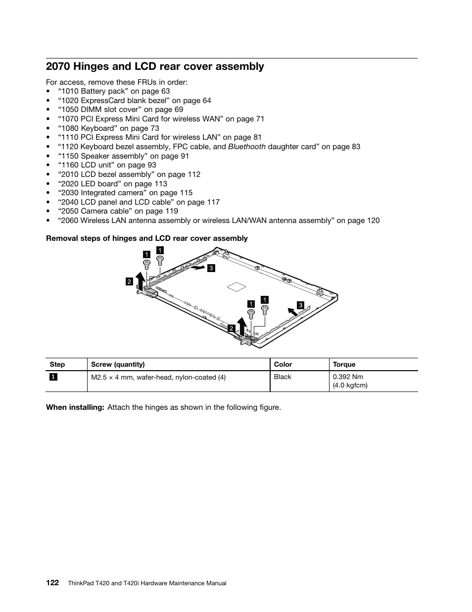 2070 hinges and lcd rear cover assembly | Lenovo T420 User Manual | Page 128 / 178