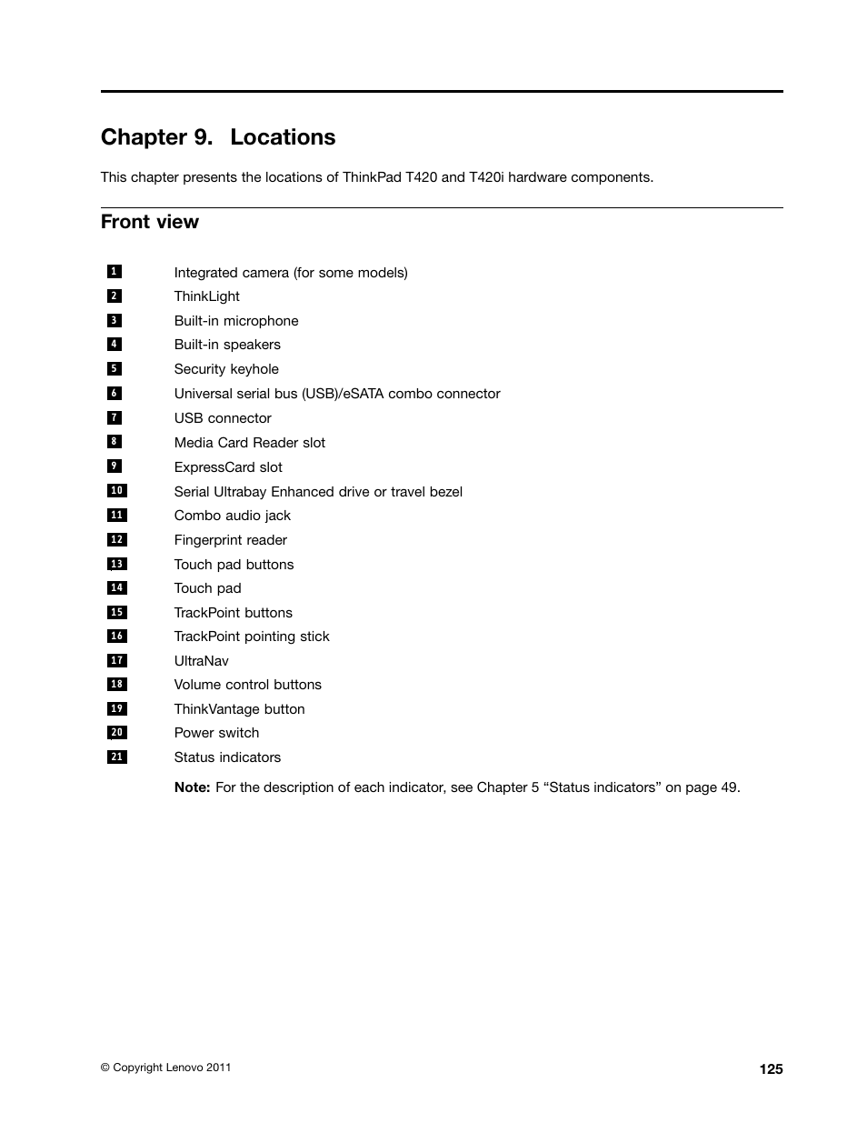 Chapter 9. locations, Front view | Lenovo T420 User Manual | Page 131 / 178