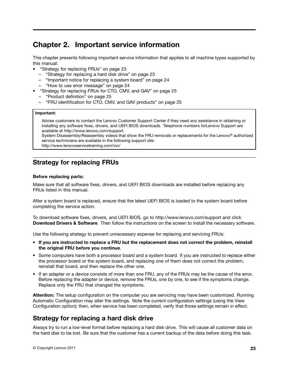 Chapter 2. important service information, Strategy for replacing frus, Strategy for replacing a hard disk drive | Lenovo T420 User Manual | Page 29 / 178