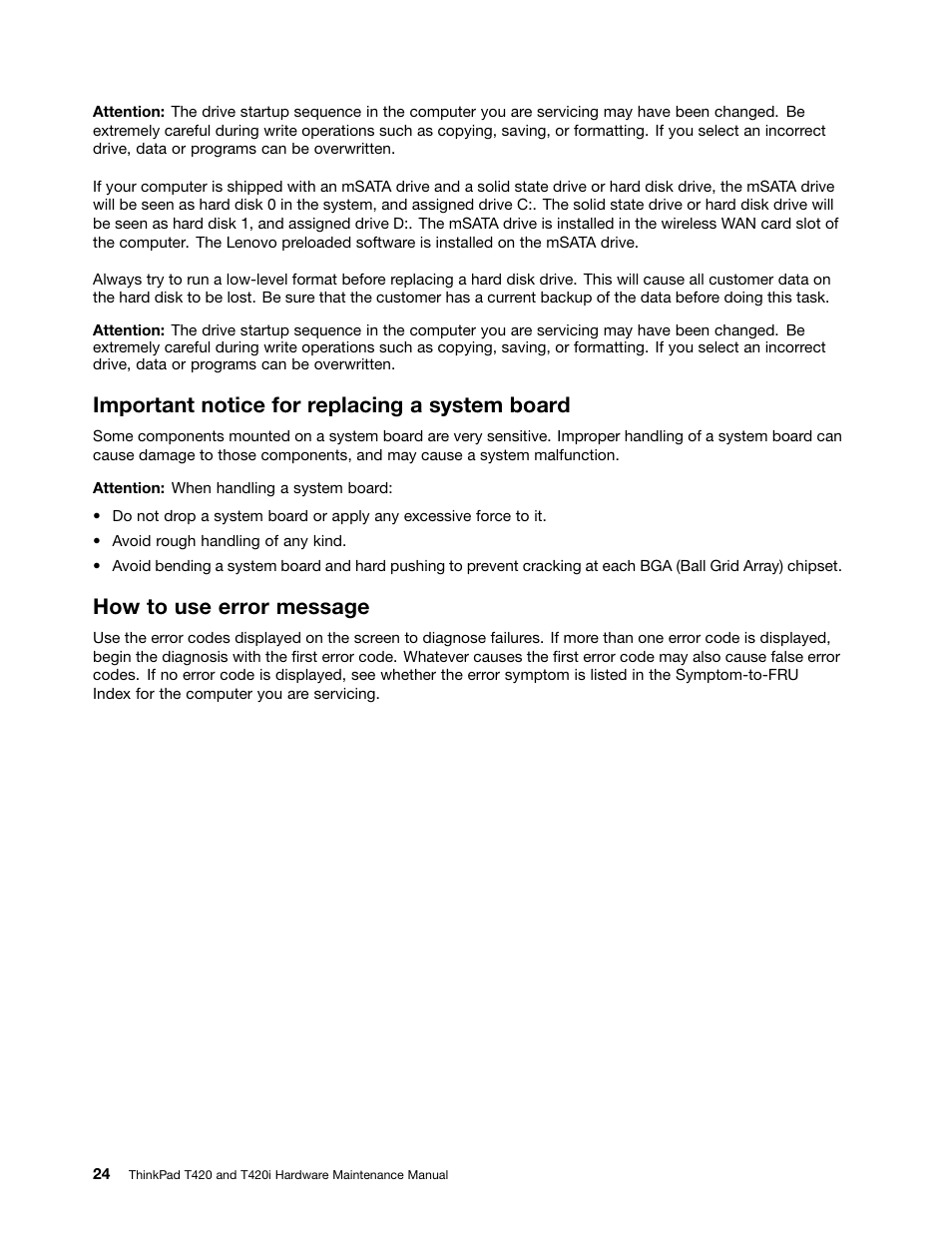 Important notice for replacing a system board, How to use error message | Lenovo T420 User Manual | Page 30 / 178