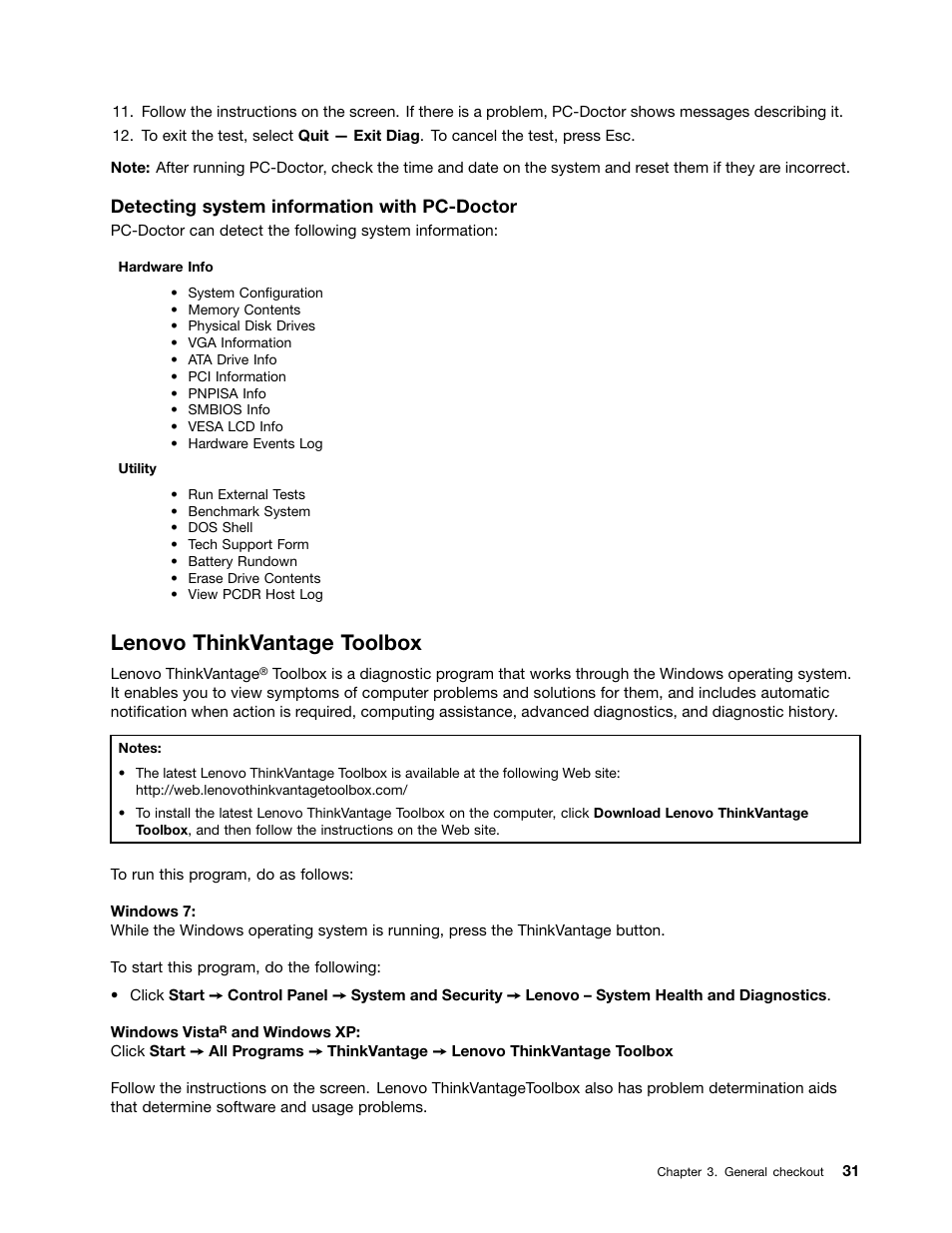 Lenovo thinkvantage toolbox, Detecting system information with pc-doctor | Lenovo T420 User Manual | Page 37 / 178