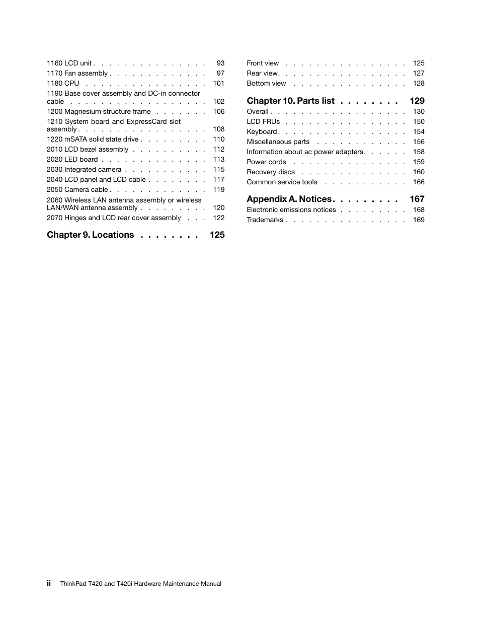 Chapter 9. locations, Chapter 10. parts list, Appendix a. notices | Lenovo T420 User Manual | Page 4 / 178