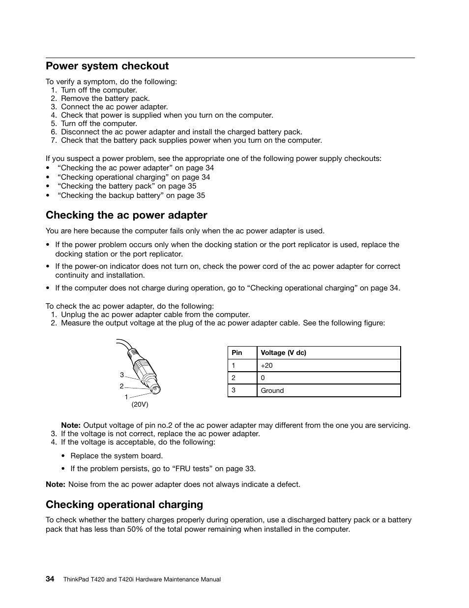 Power system checkout, Checking the ac power adapter, Checking operational charging | Lenovo T420 User Manual | Page 40 / 178