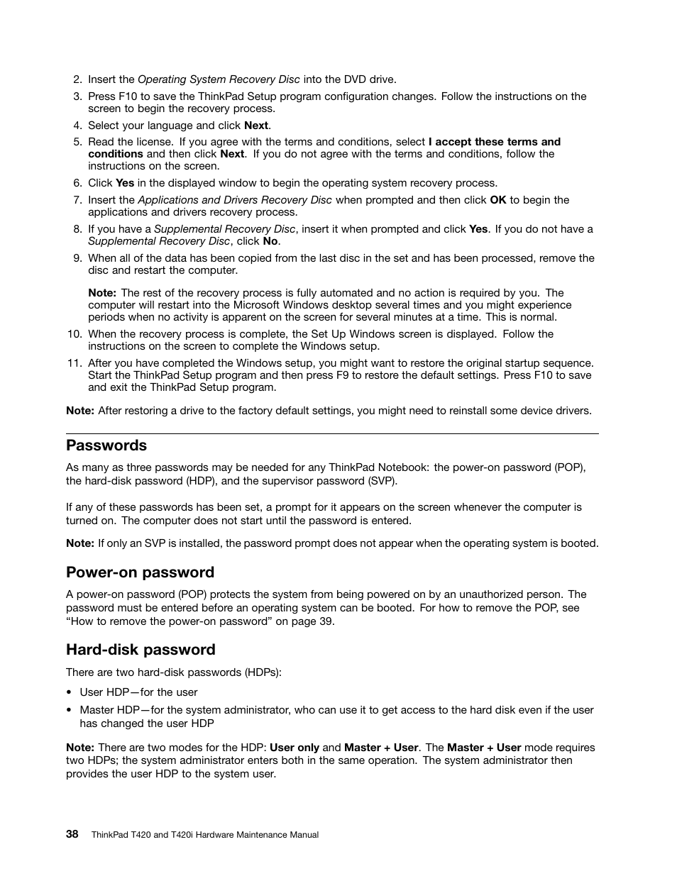 Passwords, Power-on password, Hard-disk password | Lenovo T420 User Manual | Page 44 / 178