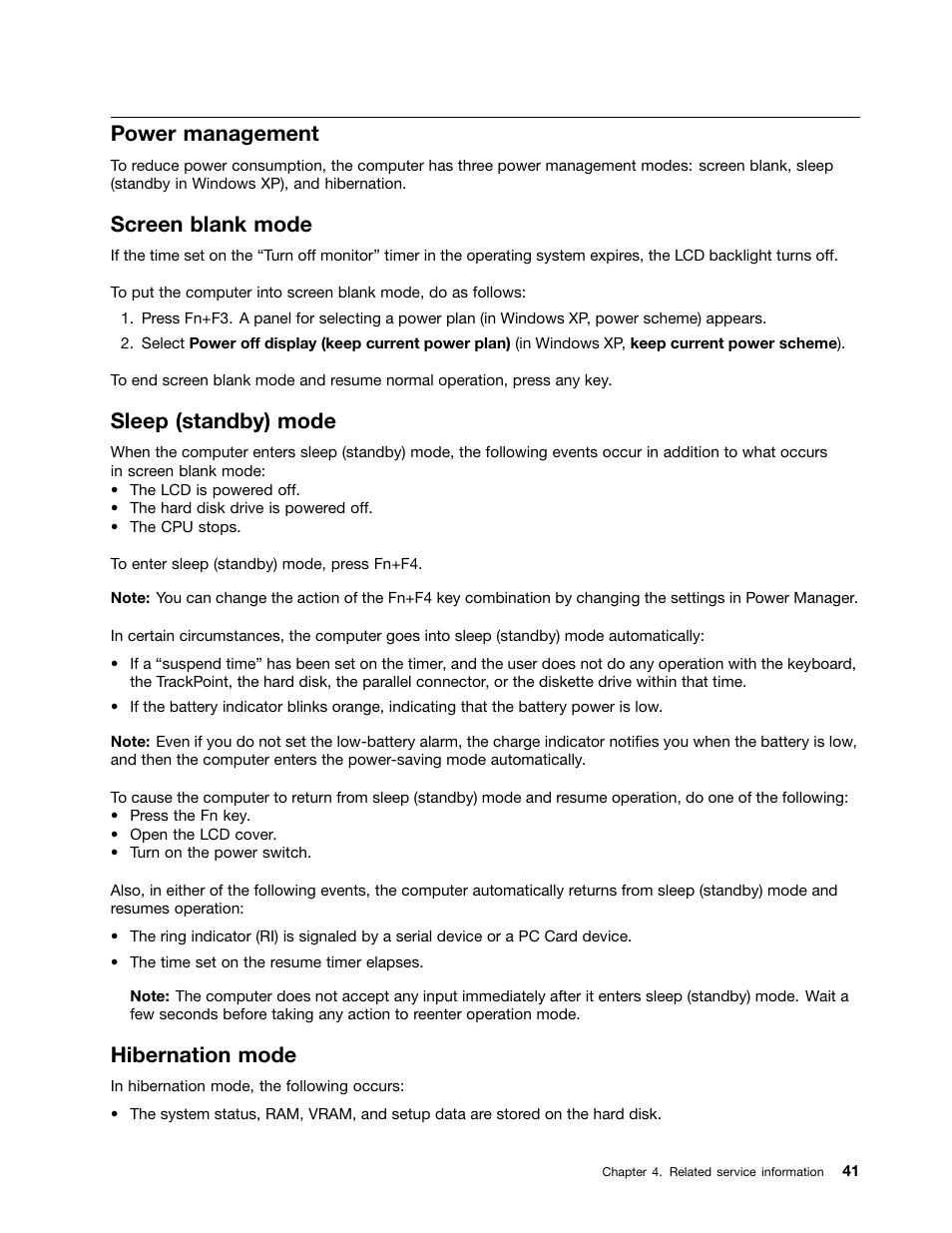 Power management, Screen blank mode, Sleep (standby) mode | Hibernation mode | Lenovo T420 User Manual | Page 47 / 178