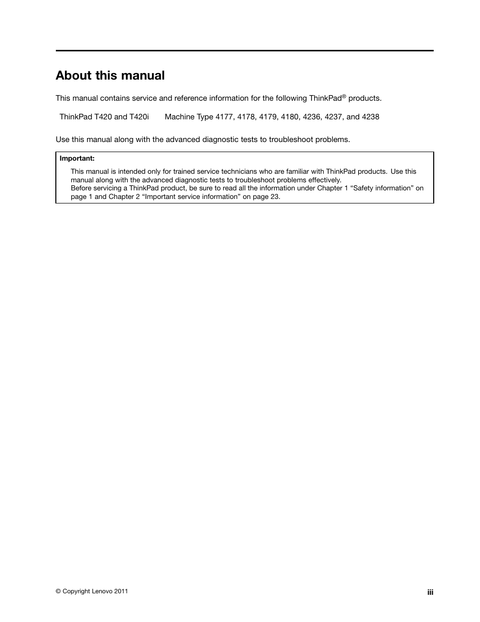 About this manual | Lenovo T420 User Manual | Page 5 / 178