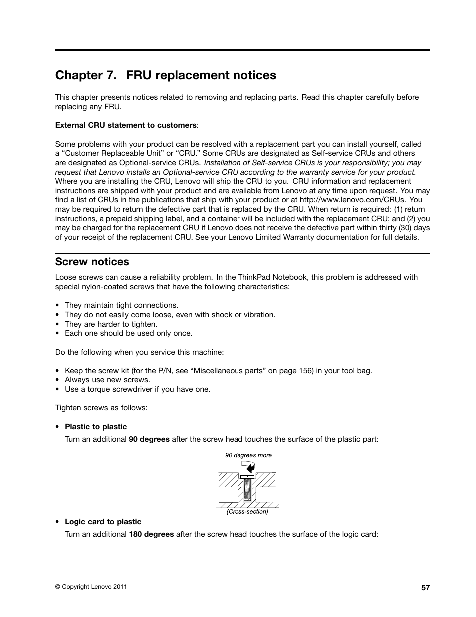 Chapter 7. fru replacement notices, Screw notices | Lenovo T420 User Manual | Page 63 / 178