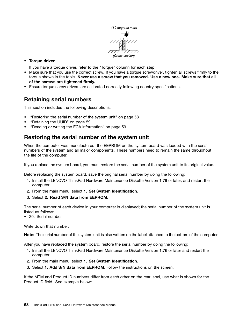 Retaining serial numbers, Restoring the serial number of the system unit | Lenovo T420 User Manual | Page 64 / 178