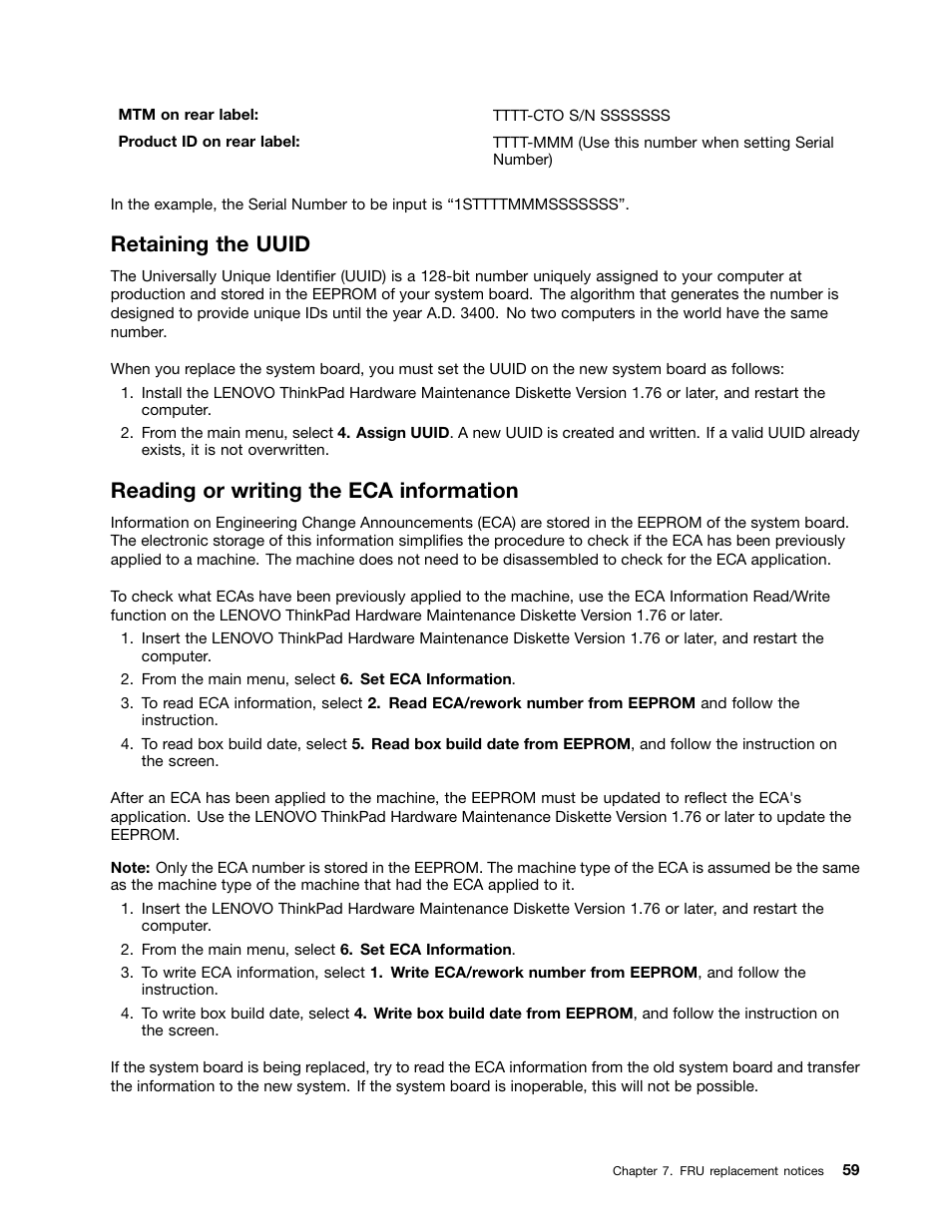 Retaining the uuid, Reading or writing the eca information | Lenovo T420 User Manual | Page 65 / 178