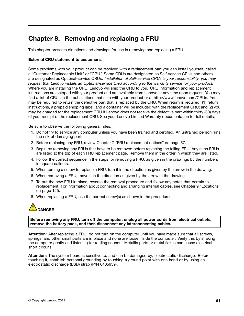 Chapter 8. removing and replacing a fru | Lenovo T420 User Manual | Page 67 / 178