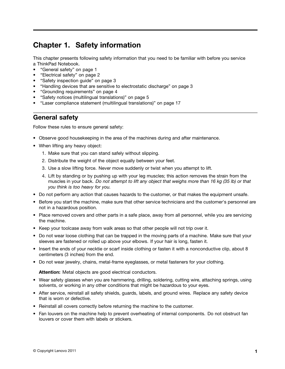 Chapter 1. safety information, General safety | Lenovo T420 User Manual | Page 7 / 178